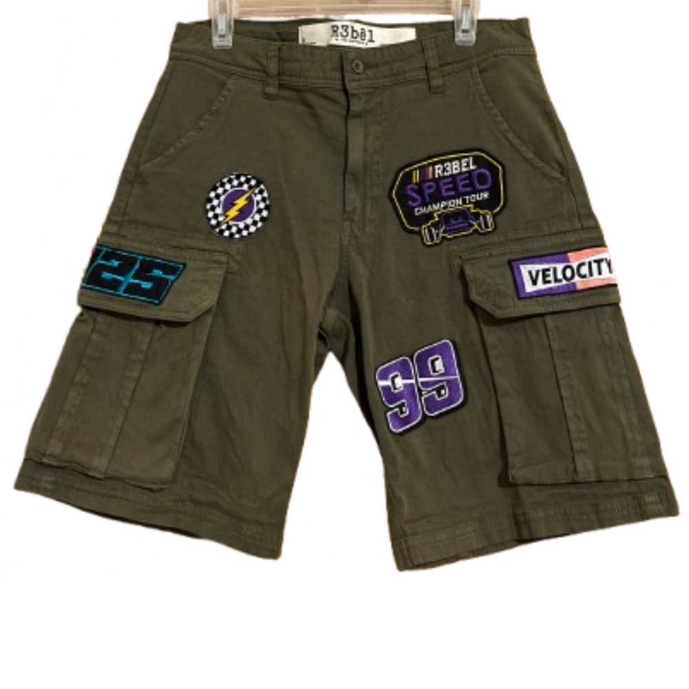 R3BEL Men’s Green Multi Stretch Fit PATCH TWILL SAND CARGO SHORTS Sz-32